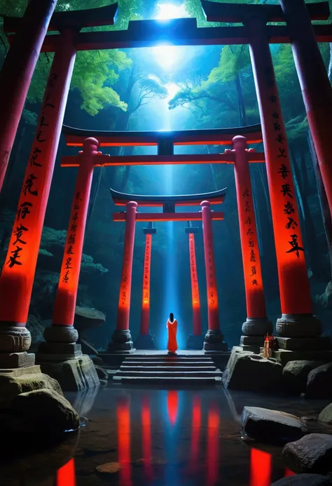 An otherworldly scene inside an ancient shrine, where countless torii gates float eerily in midair, their crimson pillars twisted unnaturally. The torii are inscribed with glowing, cryptic symbols that shimmer with an ethereal blue light. The environment i...