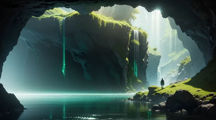 cave,Mysterious,Shining Light,Emerald green,High resolution, Cinematic light effects, Godley, high quality, Transparent water surface,One person, Shortcuts, Closed eyes, Overlooking,