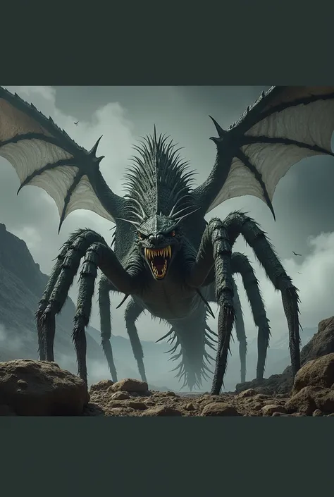 " A hyperrealistic live-action illustration of a hybrid monster between a dragon and a tarantula ,  standing against a background of gloomy mountains .  The creature has the massive, muscular body of a dragon ,  with scales that shine in dark green and bla...