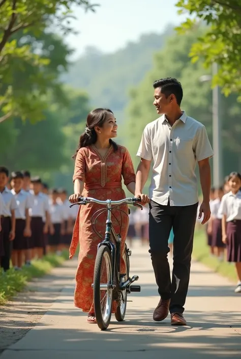 a beautiful Indonesian woman and a handsome Indonesian man in simple clothes are leading a bicycle while walking, in front of them there are school ren welcoming them politely, real pics high quality