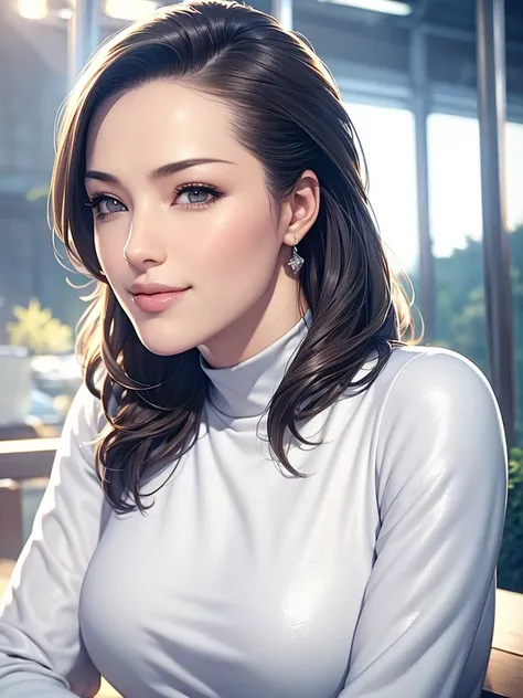 a beautiful young woman in a casual outfit, short hair, lady bikers, detailed face, alluring eyes, full lips, large bust, turtle neck t-shirt, leather jacket, outdoor date setting, soft lighting, warm colors, photorealistic, 8k, cinematic, beautiful detail...