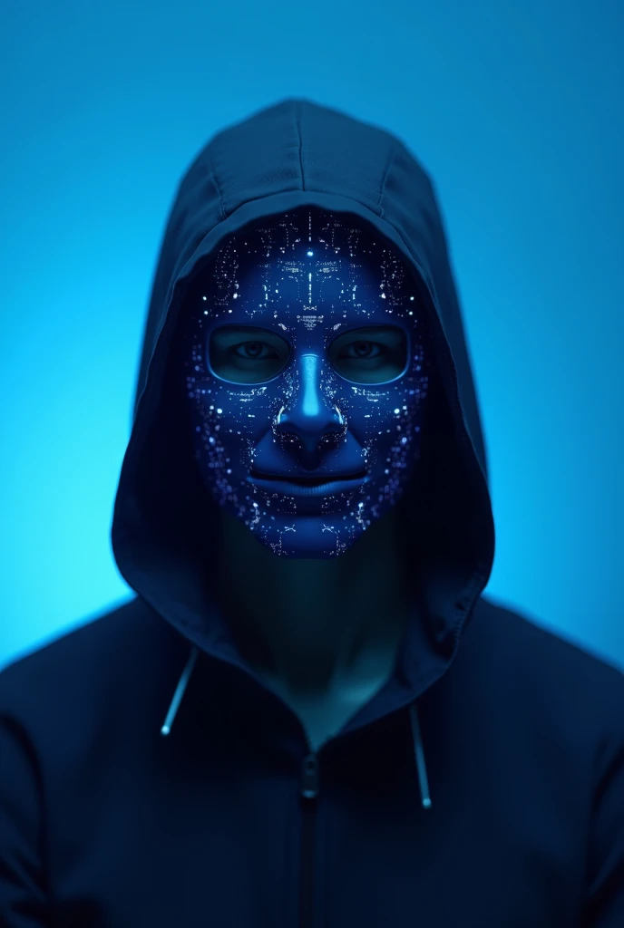 Hackers face covered with a blue mask and a blue background