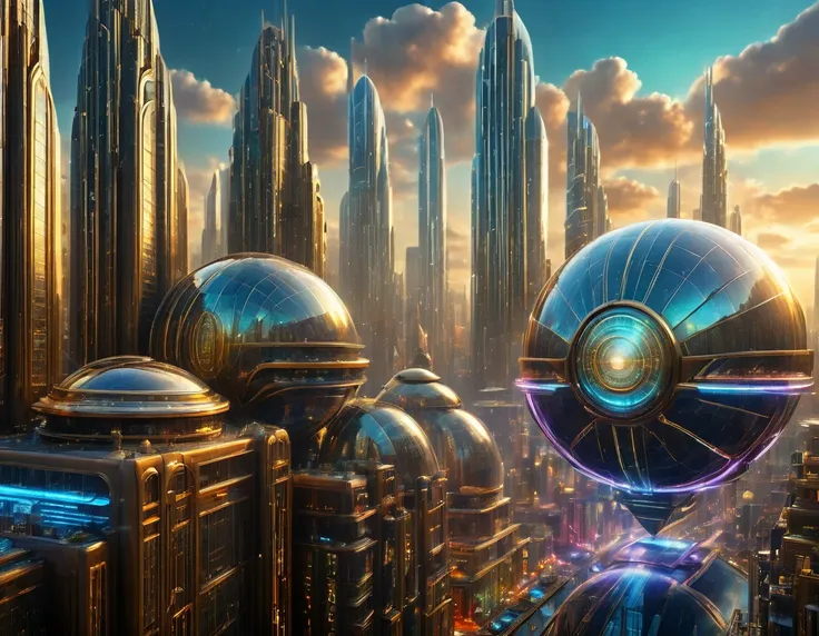 (golden hour lighting), megacity, megalopolis of an imaginary world of science fiction , resembling a futuristic Disneyland, and maximum fantasy, with huge buildings and oval and dodecahedral skyscrapers grouped together made of metal and glass where diamo...