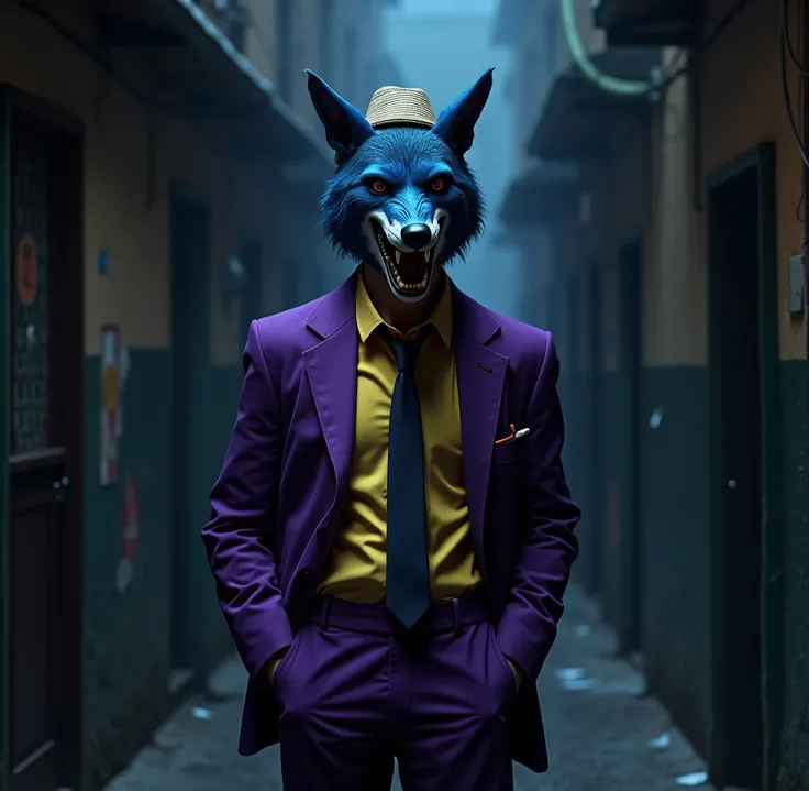 man in a purple suit unbuttoned ,  yellow shirt ,  yellow tie and cloth hat wearing the mask of a blue jackal (terrifying) (smiling) (smoking) (sideways) (alley) (Fight Club )