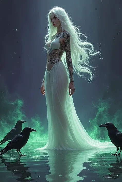 image, 8K Ultra HD A fantasy digital artwork of a beautiful white woman with long hair and tattoos,Delgada is a witch ,  crows and green souls coming out of the ground and she looks fragile ,   she is standing in the sea you can see her reflection a dark p...