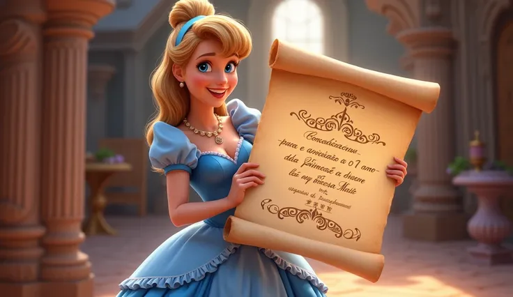 Disney Pixar style Cinderella with a blue dress and very happy holding a large parchment, and on it is written: Convocação Real para o aniversário de 01 ano da princesa Maite