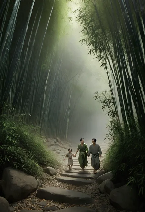 A tranquil yet haunting bamboo forest under pale moonlight, with mist drifting low to the ground. The couple emerges from the chaos, running through uneven terrain covered in scattered leaves and broken stones. Their faces show exhaustion and relief, as th...