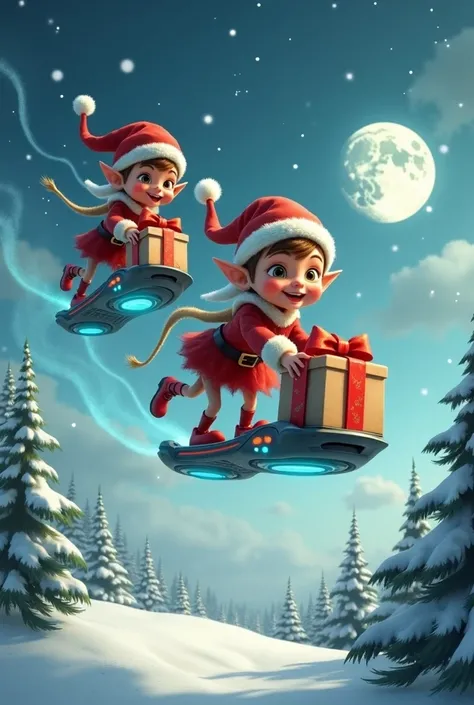 elves delivering  presents on hoverboards. no extra legs