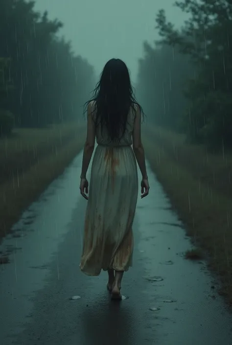 Woman in dress wandering in the rain with nowhere to go, eyes red from crying too much, barefoot, long black hair, walking down a dimly lit, empty straight road, heartbroken and just wandering, keep walking until you forget him.