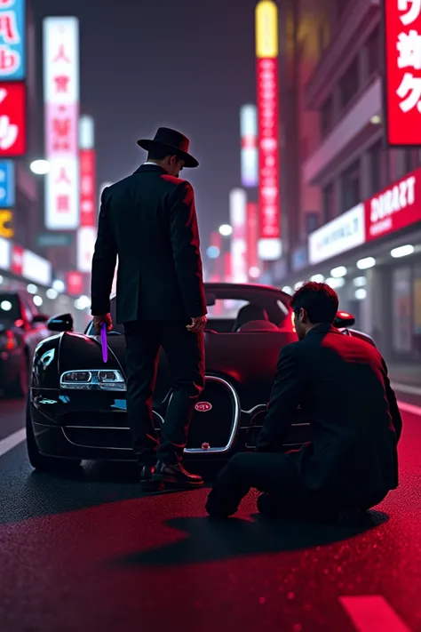 You make a picture of a black Bugatti Veyron with a black top in the red neon light city of Tokyo at night.  A tall guy wearing a black jacket with a hat got out of the car and pulled out a purple knife from behind and hit the man in the stomach from the f...