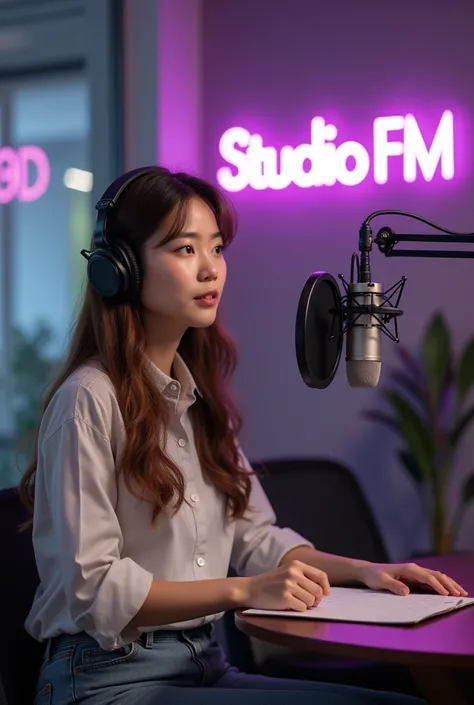  A beautiful Korean girl with long brown hair ,  recording a podcast .  She sits at a table with podcasting equipment and wears a dress shirt and jeans.. She wears headphones and engages in deep conversation .  There is a sign on the wall that says   "STUD...