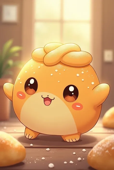  small, round bun character with bright, expressive eyes and a soft, friendly smile. Its little hands are made of crunchy dough, and its texture resembles sprinkled flour. The body appears freshly baked, emanating a warm, golden glow, surrounded by a cozy,...