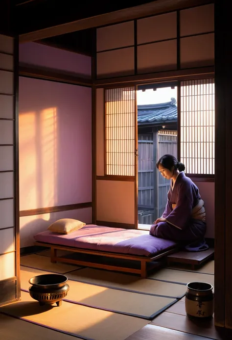 A humble Edo-era tenement house at dawn, with soft hues of purple and orange spilling through the wooden slats and shoji screens. Inside, a small room is bathed in the warm glow of a charcoal brazier. A young mother tenderly lays her baby down on a futon, ...