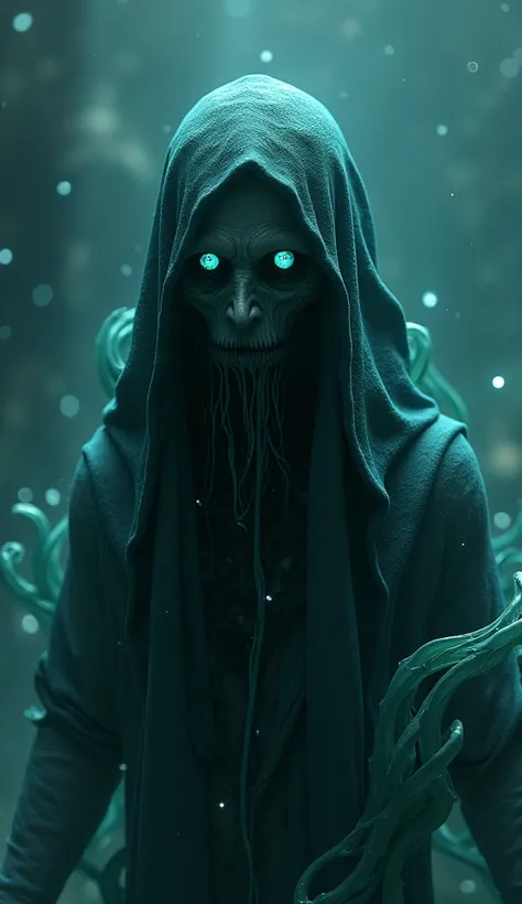 "Create a mystical character,  with a fluid and dark cover ,  surrounded by aquatic creatures or translucent tentacles.  It has a deep and enigmatic appearance ,  with eyes that shine in blue and green .  The background is a cosmic ocean , with dark and bl...