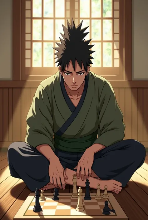  Shikamaru concentrating on a game of chess,  sitting on the floor , in a dojo, Sunny afternoon ,  sun coming through the window of the dojo .