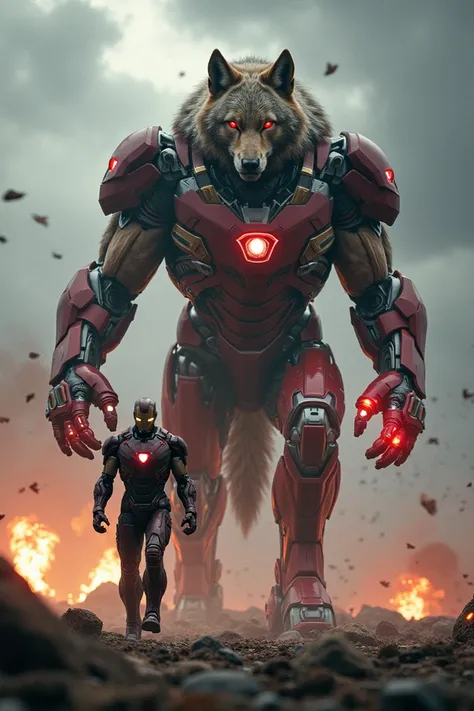 A massive wolf and Iron Man walking side by side, both emanating an aura of anger and unstoppable power. The wolf retains its natural, primal structure but is much larger than Iron Man, towering over him. It is clad in advanced cybernetic armor, with glowi...