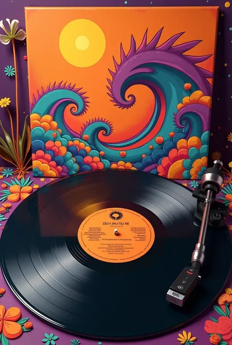 "A vinyl record with a retro cover, inspired by the 1960s and 70s, featuring psychedelic graphic elements like spiral patterns, fluid shapes, and colorful waves. The cover should be vibrant, with bold tones of orange, purple, and yellow, creating a dynamic...