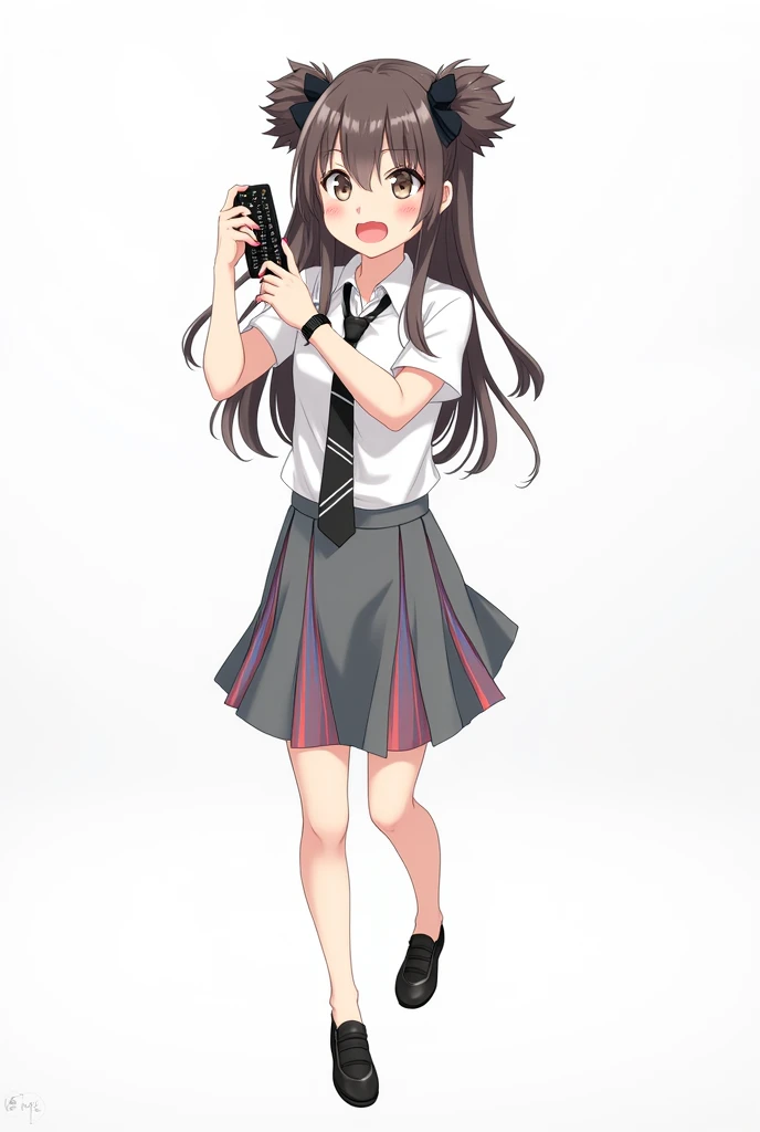 Adult woman standing full two bows in her hair standing full on the front and her legs and wearing black shoes and uniform white shirt short sleeves and with black watch and pink nails and black tie with black and white lines school and with a skirt with s...