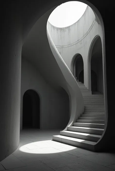 Create an architectural space, black and white, spatial, play of light and shadow, create voids and apertures, high contrast, curved planes,create an element of curiosity in it, relevant to mantos short story Toba tek singh