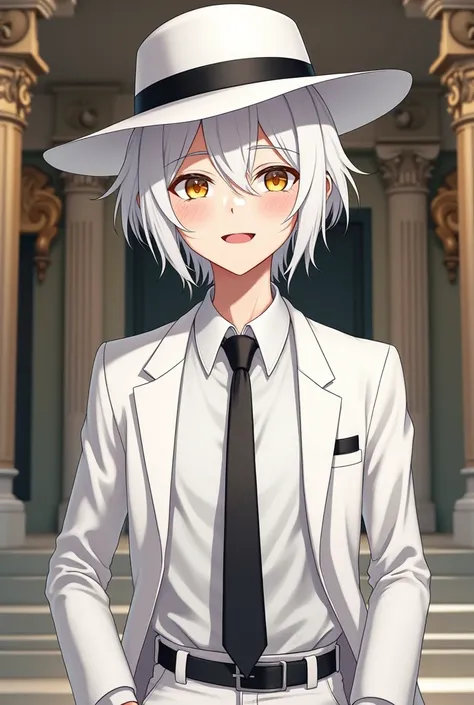 A pale-skinned, white-haired, yellow-eyed male teenager is wearing a white hat with a black stripe, a white dress shirt with a black tie, a white jacket, white pants, hes in a mansion, he has a very lively anime-style expression.