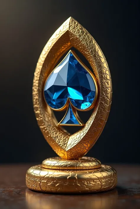 Close-up of an all-gold trophy, （A three-sided ring-shaped structure with a pattern that wraps the surface of the trophy, The blue gemstone in the shape of a spade is perfectly mounted on the trophy）, Texas Holdem Champion Honors, Trophies specially made f...