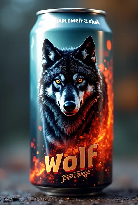 make a canned energy supplement drink with wolf logo and nice design