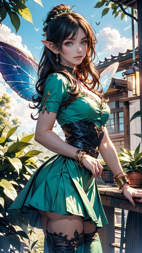  rendering of a 、 winged anime girl in green and black costume 、Green background, Pixie character,  fairy, forest  fairy, Girl using insects , brunette elf with  fairy wings, Pixie,  cute 3d animated girl rendering with her hair and skirt taking the lead, ...