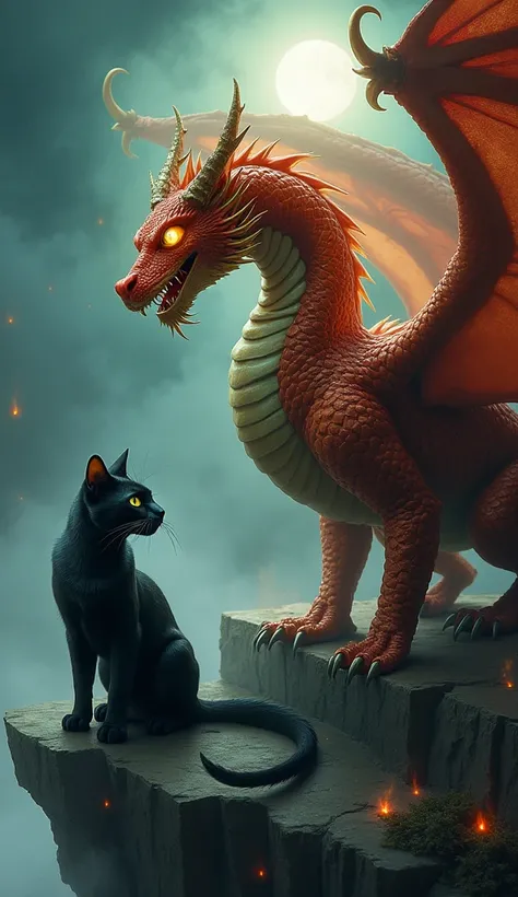 "A dramatic scene of two mythical creatures before merging: a sleek black cat with piercing green eyes, its body agile and fur glistening under the moonlight, standing on a jagged cliff. Beside it, a menacing dragon with shimmering scales in shades of red ...