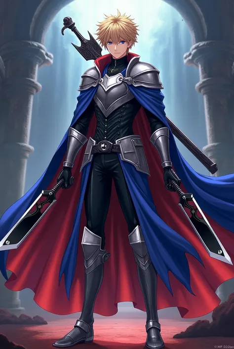 Create a anime character photo of the legendary Shirou Emiya, from Fate/Stay Night becoming the Hero of Justice. (PS: His outfit should resemble Archer (Emiya) but his holy shroud and robe his blue instead of red covering the form fitting black and silver ...