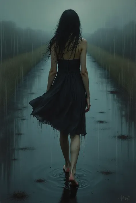 Illustration, oil painting, dripping oil, dark fantasy, woman in dress wandering in the rain with nowhere to go, eyes red from crying too much, bare feet, long black hair, walking down a dimly lit, empty straight road, heartbroken and just wandering, keep ...