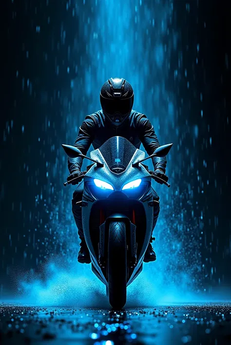 On a black background a 24-year-old boy wearing a helmet  ,  biker costume and who comes on a sports bike coming towards a rain of blue drops that is animated