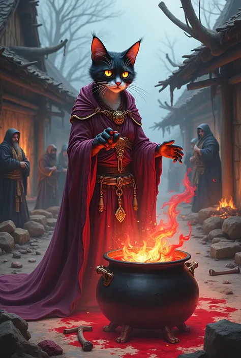 Anime cat shaman performing a bloody ritual near a cauldron in a barbarian settlement 