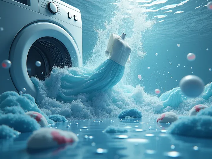 washing machine, detergent liquid generative, cloth around, under water background, no fish, no human, cloth flying around, dress flying around  