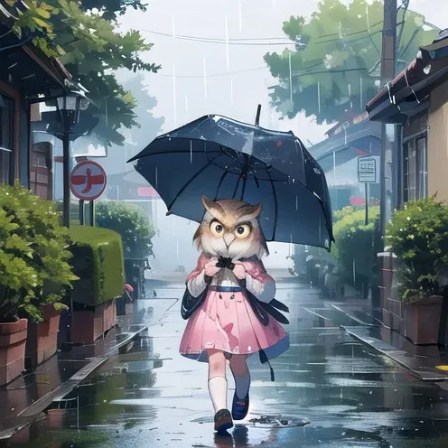 masterpiece、 best quality， high definition ，8ｋ，cuteマントを着たちびキャラ、 owl under guardのキャラの傘をさして歩く、cute， owl under guard，Walking in the Rain