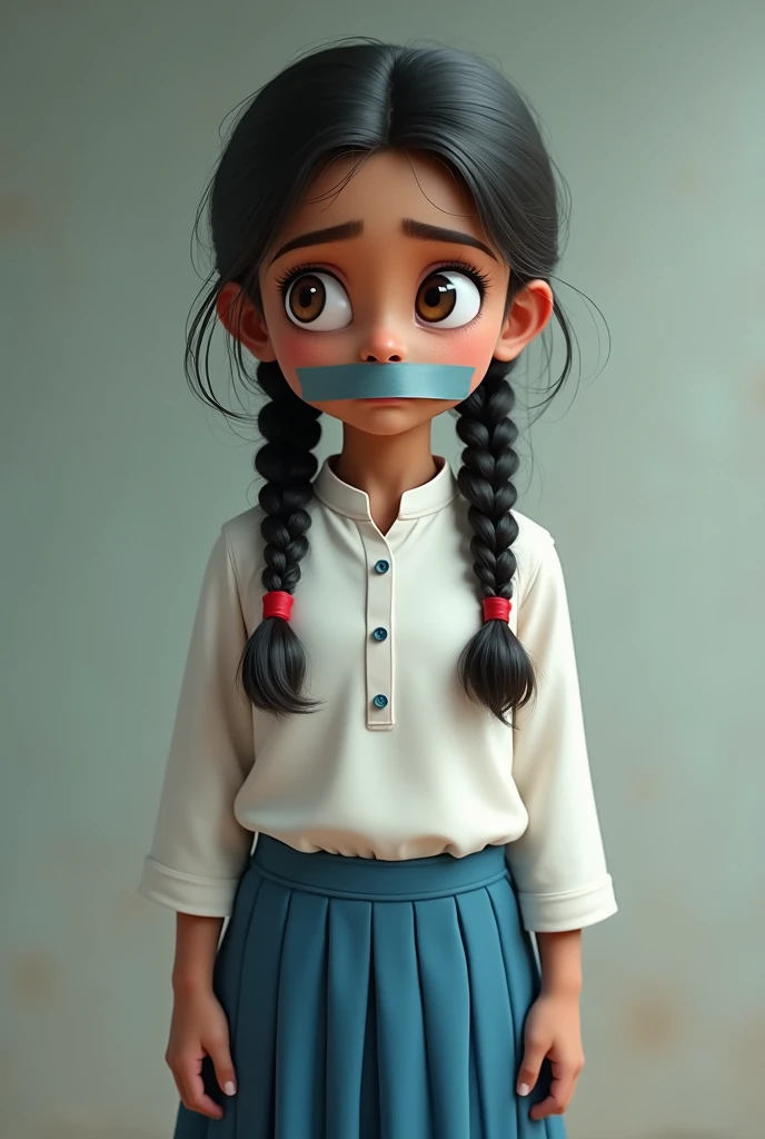 An Indian school girl wearing white kurta and blue salwar put duct tape on her mouth and looks cute 