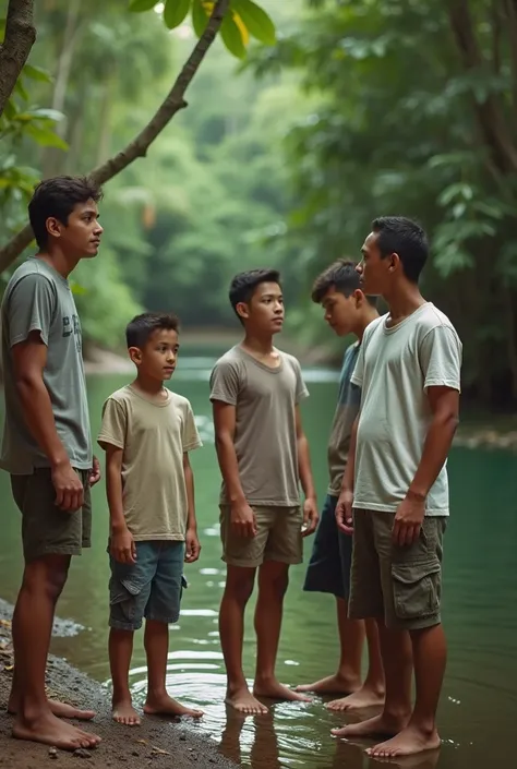 Close-up real photo of a day of fishing of four young Venezuelan men wearing shorts of different neutral colors and t-shirts of different colors watching a ten-year-old boy wearing denim shorts and beige t-shirt hiding behind a tree in a tropical jungle in...