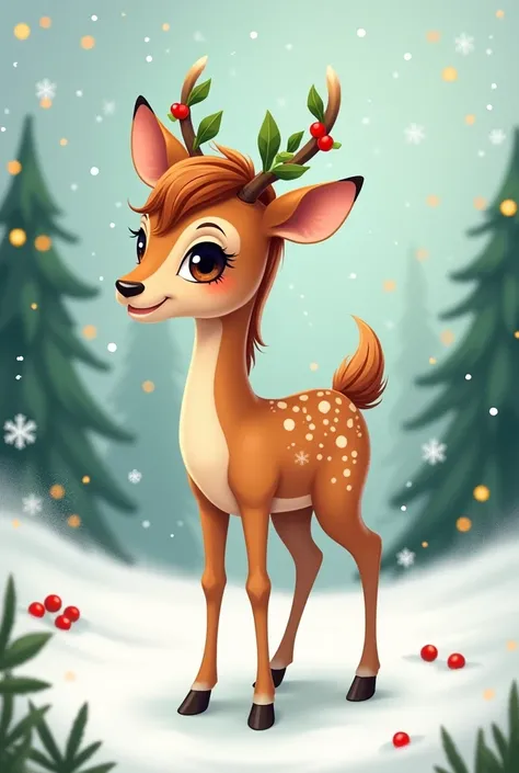 Simple drawing of a horse that looks like a fawn and is Christmas themed 