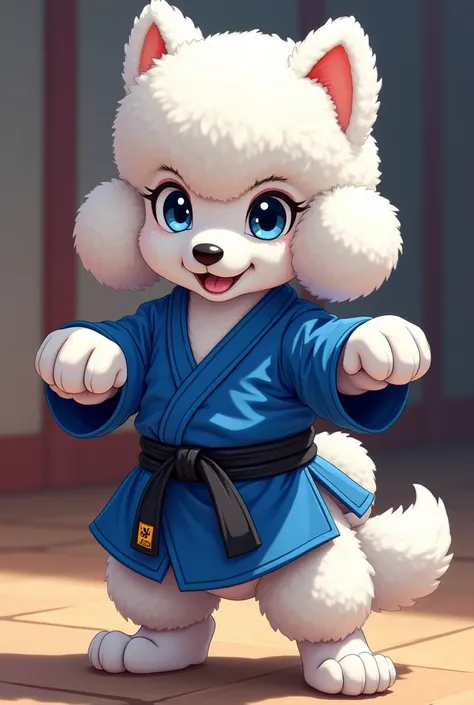 Anthropomorphic white poodle puppy martial arts master with completely blue karate kimono, cinturon negro.  anime style.