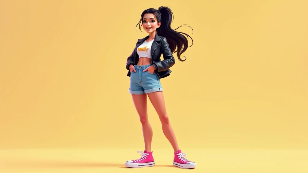 A Disney Pixar style image of a 30 year old woman with fair skin, 511" tall, and black hair tied up. She is wearing shorts and a surf shirt, pink Converse sneakers, and a leather blazer. She has a happy expression on her face. She has a slim, athletic buil...