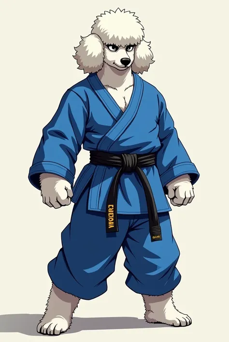 Anthropomorphic male white poodle martial arts master with completely blue karate kimono, cinturon negro.  anime style.