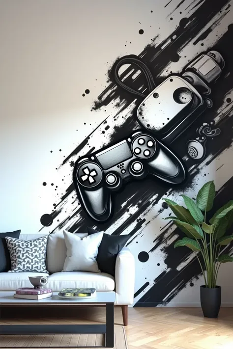 Create an image with a gamer-style mural that has only black color to draw on my white wall in the game room