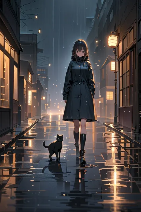 A woman walking on a dark,rainy night street,wearing knee-high boots.The focus is on her wet feet as she walks,with raindrops glistening on the pavement.A cat accompanies her,adding a sense of companionship in the gloomy atmosphere.The scene captures the r...