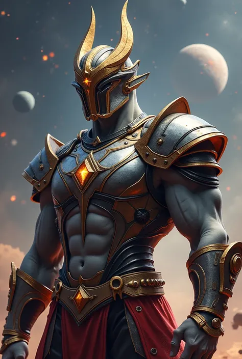 " An Orion warrior representing the cosmic defenders .  He is tall and muscular ,  with greyish or bluish skin .  He wears a futuristic armor , with red details, gold and black,  reinforced with retractable metal plates and ornaments that symbolize strengt...