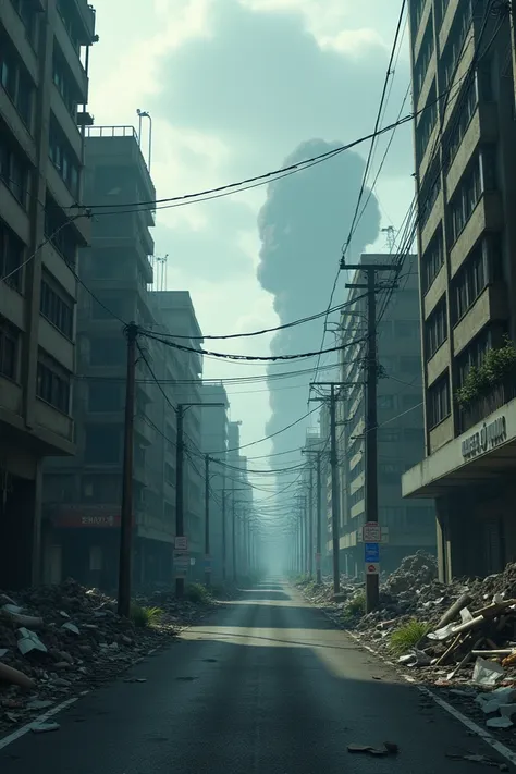 Give me an animated image of the city of Minamata as if the Apocalypse had occurred and the city was devastated 