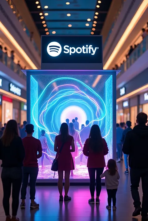 Could you create an image , of a mall full of people,  and that there is a Spotify booth , And that the Spotify brand appears as such, where people can enter and that music and lights play according to the emotion of the person who decides to enter the mus...