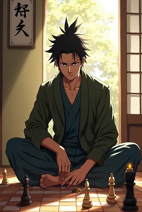  Shikamaru concentrating on a game of chess, With a lighter in one hand, sitting on the floor , Sunny afternoon ,  sun coming through the window of the dojo .