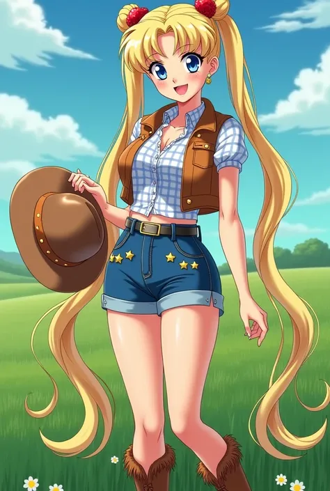 Serena(sailor moon)A beautiful 25 year old woman,  of blonde hair very long to the hips tied in two pigtails in the shape of bunguitos , blue-eyed light skin , with her fringe split in half falling on her forehead,  red lips dressed as a cowgirl wearing sh...