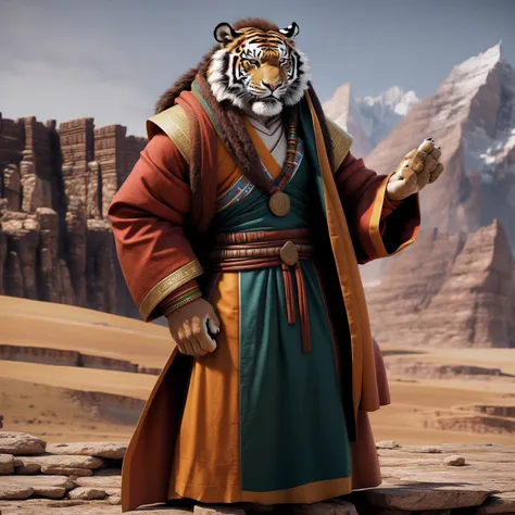 Standing on a plateau ，, a muscular and burly tiger wearing a Tibetan costume and Tibetan robe