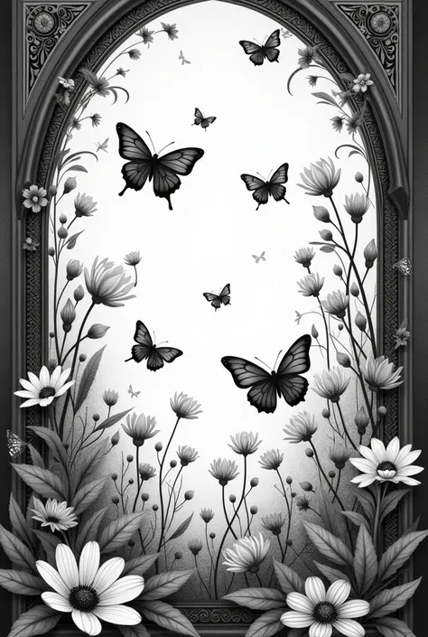  mural design in black and white with flowers, leaves, butterflies, and gothic  
