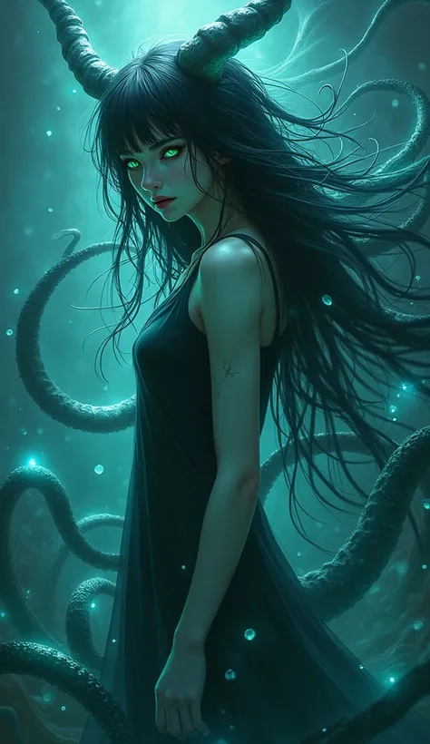 "Create a mystical character, demonic girl, with a fluid and dark cover ,  surrounded by aquatic creatures or translucent tentacles.  It has a deep and enigmatic appearance ,  with eyes that shine in blue and green .  The background is a cosmic ocean , wit...